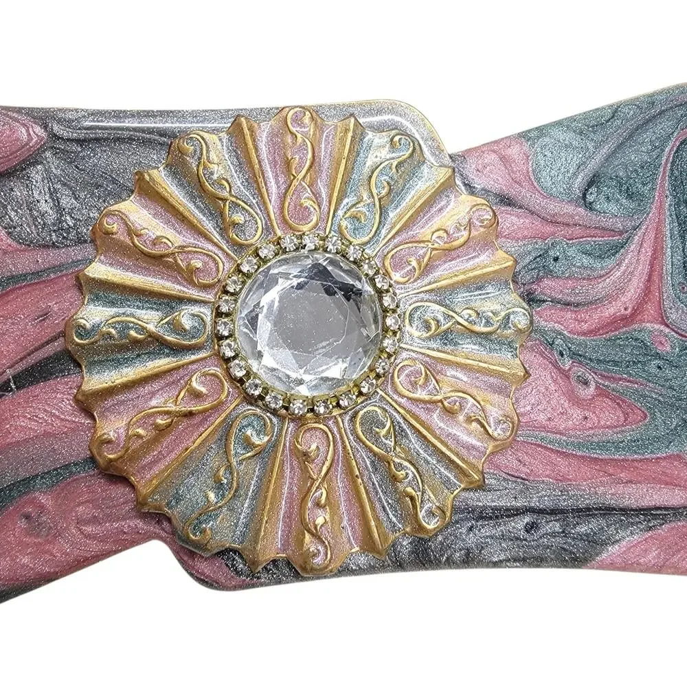 Vintage 80s Pink Grey Marbled Enamel Rhinestone Brass Statement Belt Buckle